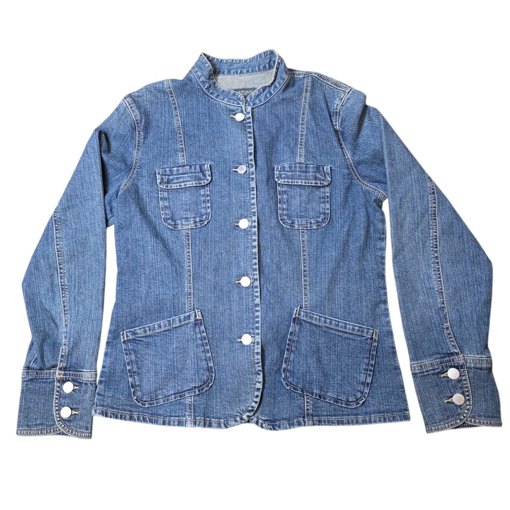 Banana‎ Republic Denim Jacket Womens M Button Front Pockets Collarless Blue